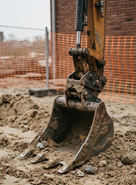 Graafmachinebak in het zand op een Twentse bouwplaats