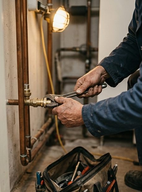 Installateur draait een koppeling vast aan een koperen cv-leiding