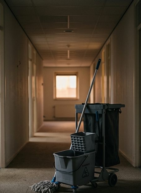 Schoonmaakkar met mop en emmer in een lege kantoorgang